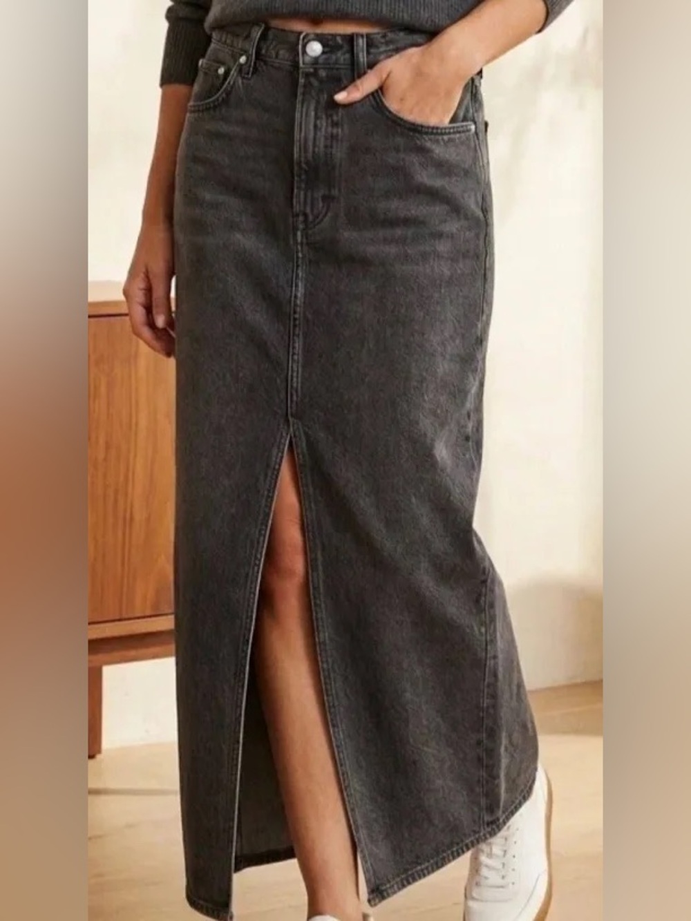 Agolde Black Denim Leif Maxi Skirt with Front Slit